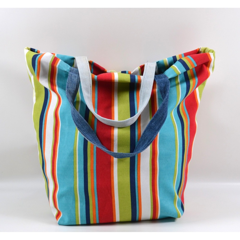 Denim Patchwork Blue Jean Tote/Shoulder Bag Upcycle Reversible Striped 17" x 12"